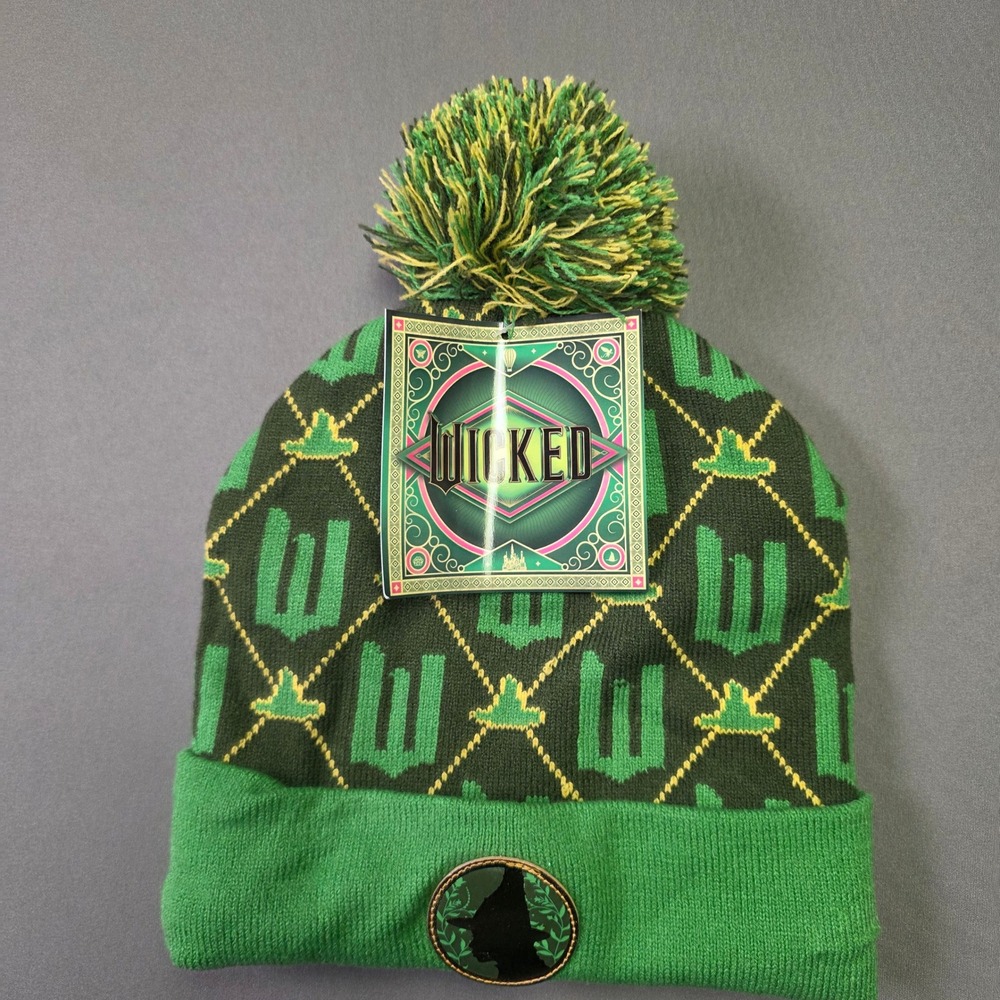 Wicked Movie Elphaba Beanie Hat Green Black Pom Pom Universal Studios NWT